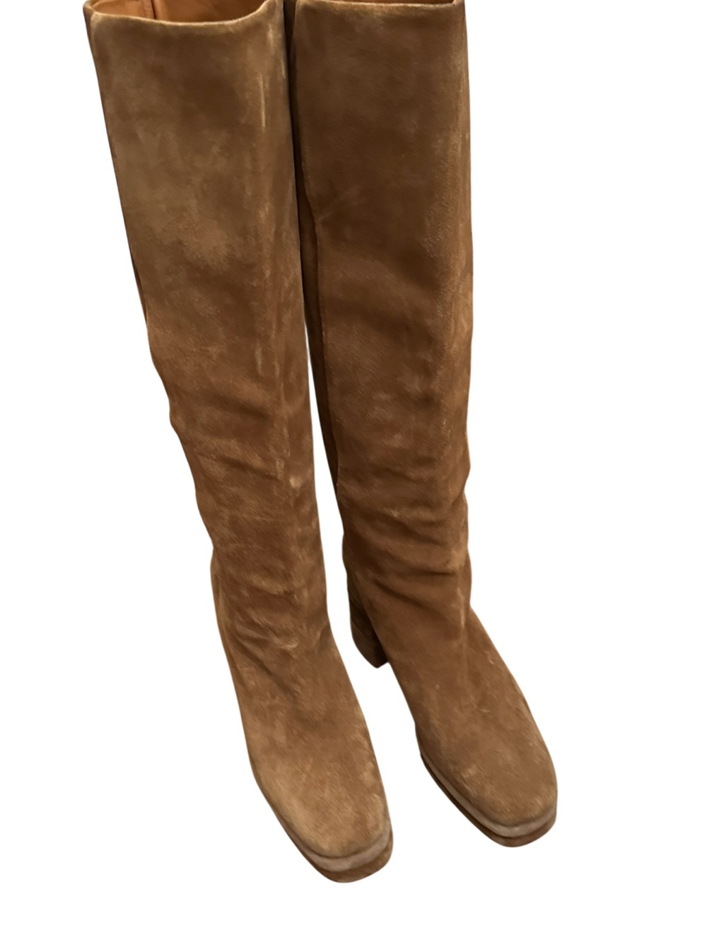 TORY BURCH PLATFORM Suede Block Heel Boots in tan